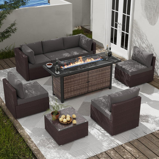 25-Pc Patio Furniture Set - 7 Piece Outdoor Rattan Sofa Set with 57" Fire Table and 17 Accessories, Modular Sofa Set for Garden/Poolside, Grey/Brown