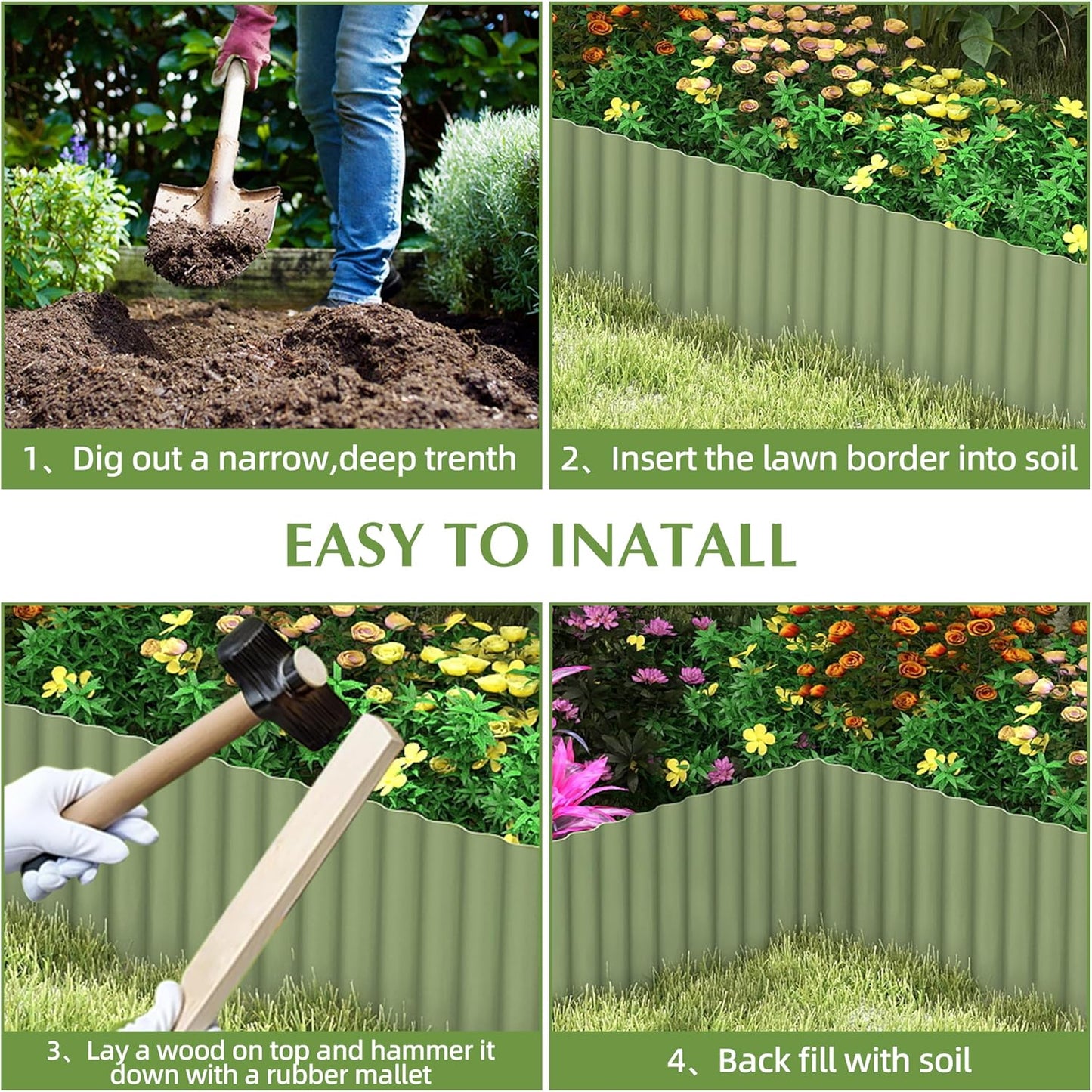 Metal Garden Edging Border, Corrugated Steel Landscaping, DIY for Lawn (Green, 6 Inch x 40FT)