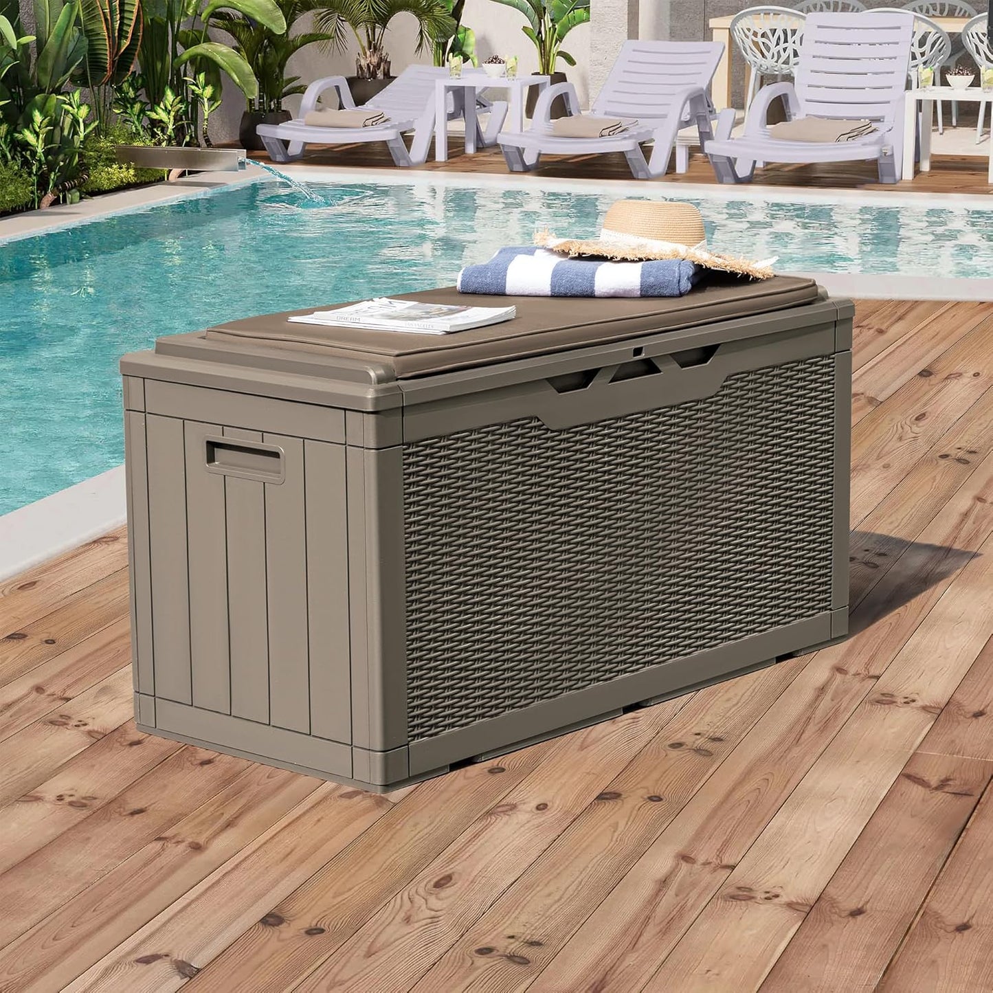 Greesum 100 Gallon Resin Deck Box Large Outdoor Storage Boxes with Cushions for Garden Tools, Patio Furniture Pillows, Pool Supplies, Light Coffee
