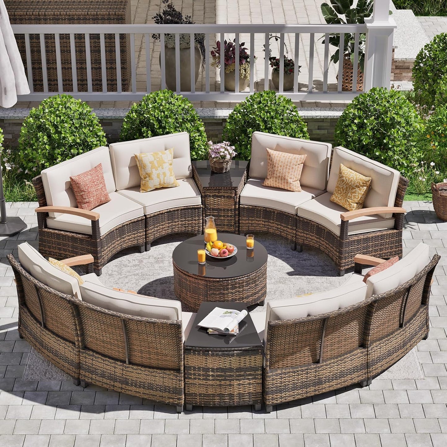 11 Piece Outdoor Patio Furniture Set, Half-Moon Curved Sectional Sofa Rattan Conversation Set with Wood Armrests, Coffee Table & 2 Side Table（Brown）