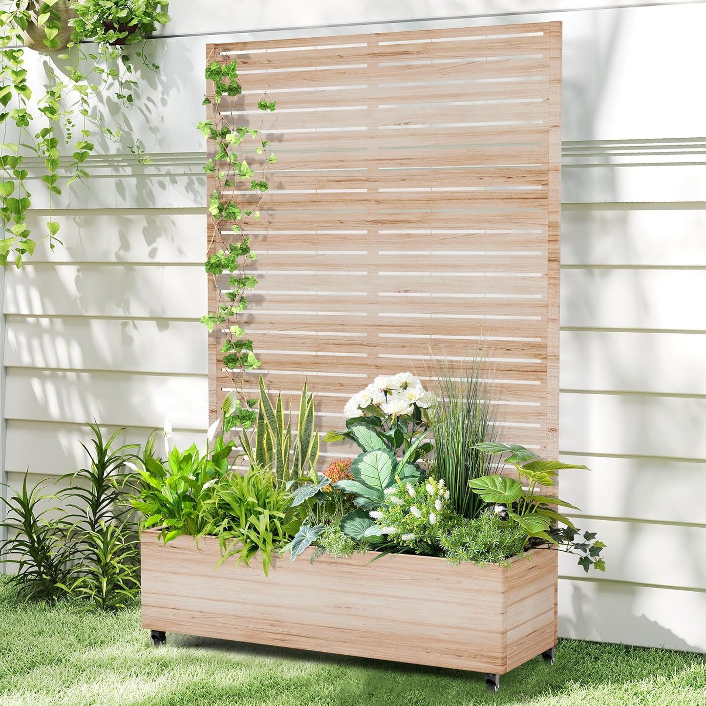 Raised Garden Bed with Trellis and Wheels,73"x47"x16" Metal Raised Garden Bed,Acacia Finish Metal Planter with Climbing Trellis for Vines & Vegetables