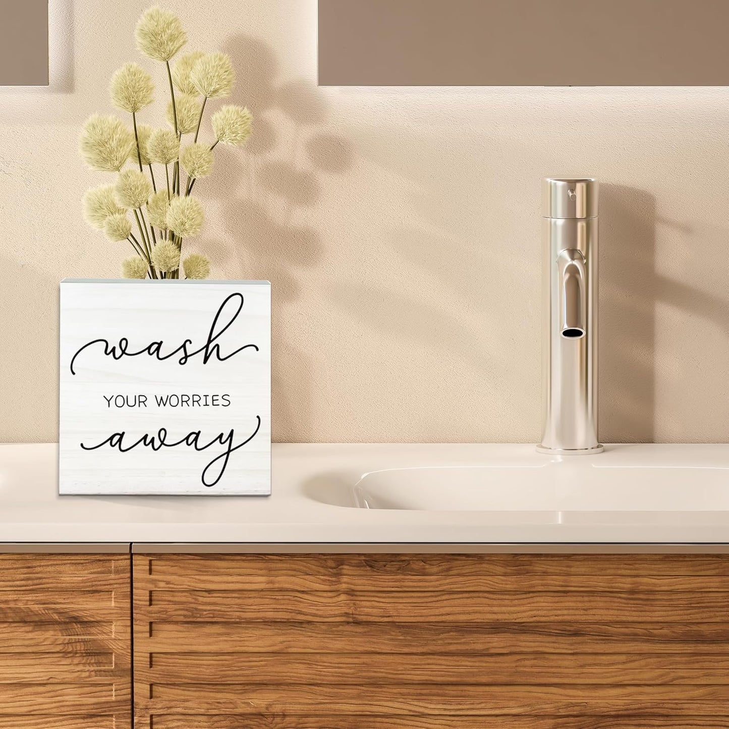 Funny White Wooden Sign-Wash Your Worries Away Block Plaque Desk Decoration-5x5 inches Inspirational Wood Block Gifts For Friends Family-Laundry Room Restroom Bathroom Tabletop Favors & Supplies-A09