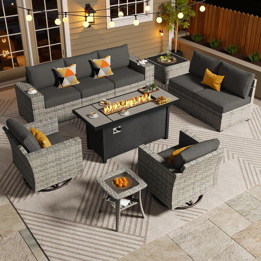 ovios 10 Pieces Patio Furniture Set, Outdoor Wicker Sectional Sofa with 54" Fire Pit Table Swivel Chairs, Modern Modular Deep Seat Rattan Couch Conversation Sets, Black