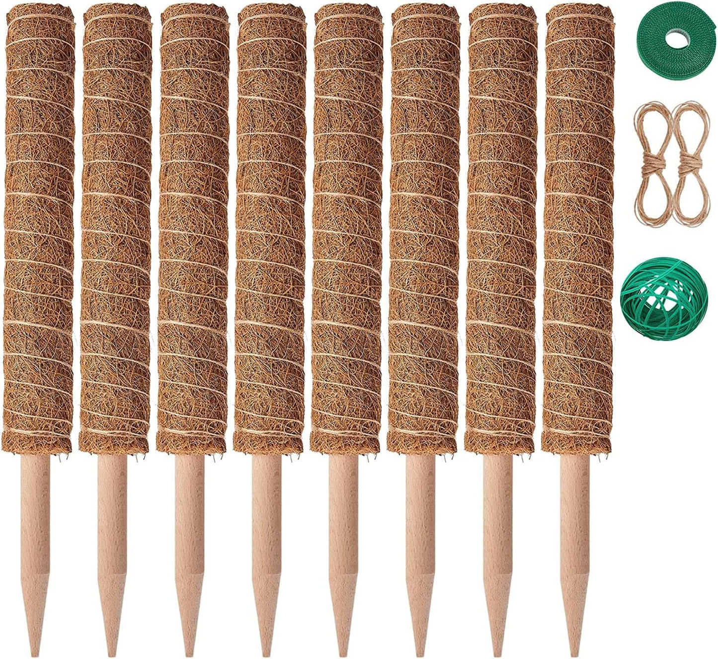 8 Pcs Moss Pole for Plants Monstera, Plant Support Stakes for Indoor Climbing Plants Grow Upwards, with 65ft Twist Ties, 13ft Jute Rope, 6.5ft Hook-and-Loop Strip