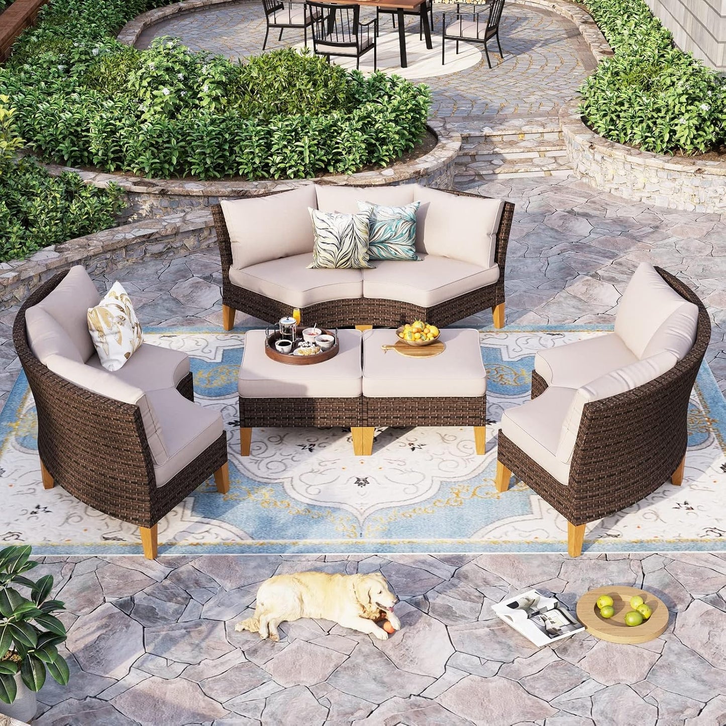 Sophia & William Half-Moon Outdoor Patio Furniture Set 8 Piece Large & High Back Wicker Rattan Patio Sectional Furniture Sofa Set Fan-Shaped Conversation Set with Ottomans & 4" Thick Cushions, Beige