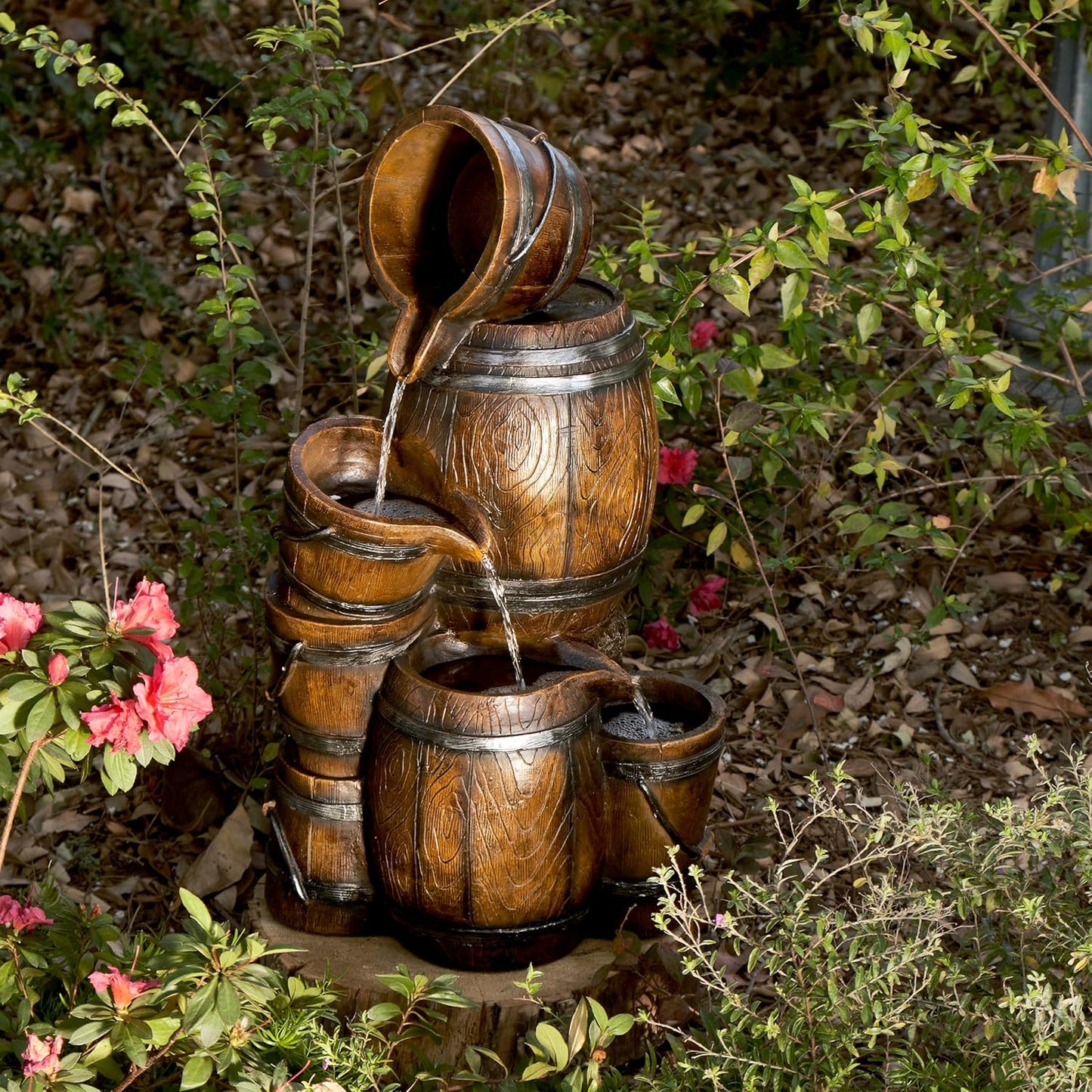 Alpine Corporation ZEN409S 24" Indoor/Outdoor Floor Tiered Barrels and Buckets Fountain, Rustic 4-Tier – Water Feature for Garden, Patio, and Home Décor, Brown
