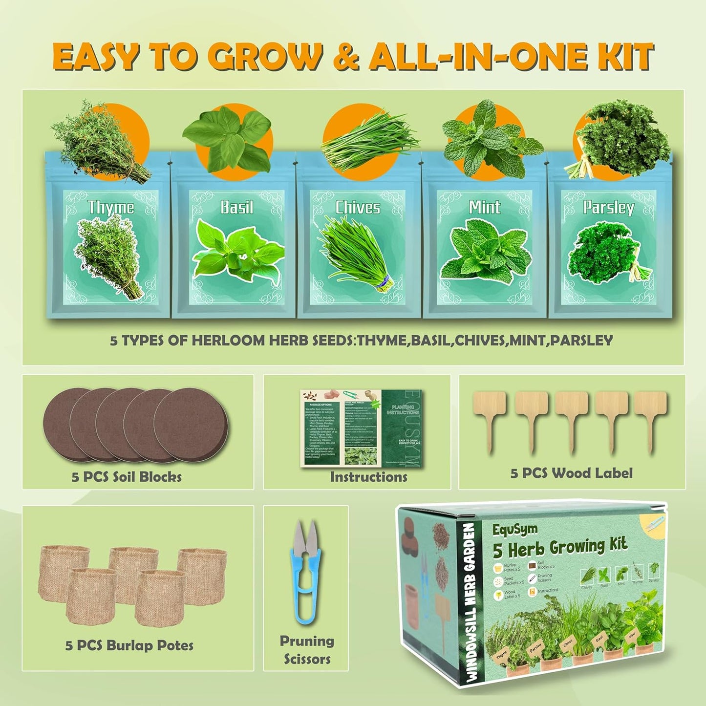 5 Herb Window Garden Kit Indoor - Herb Seeds for Indoor & Outdoor Planting, Gardening Gift for Kids, Moms, Women, Beginners - Complete Starter Kit with Pots, Soil, Basil, Mint, Thyme, Parsley