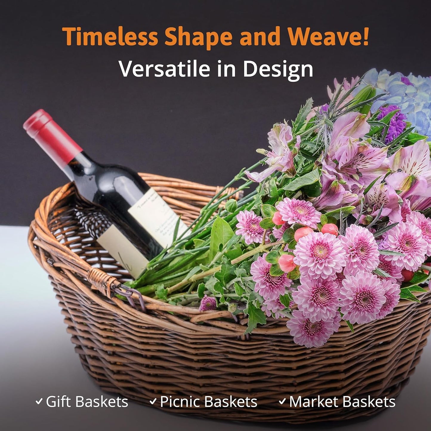 Wald Imports - Large Light Brown Hand Woven Wicker Basket for Storage with Handles - Woven Basket - Wicker Baskets for Picnics, Easter, Organizing, and More (20 x 7.5 inches)