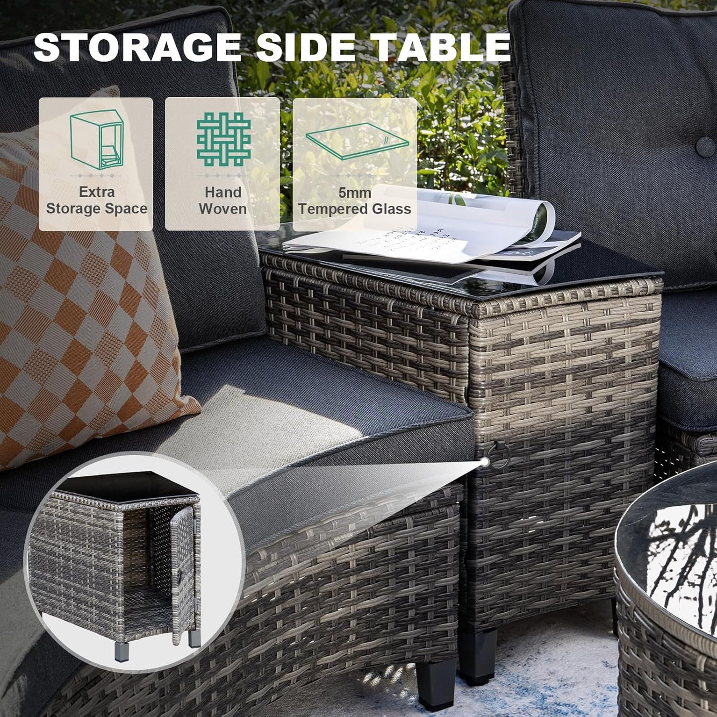 9-Piece Outdoor Patio Furniture Set, Half-Moon Curved Sectional Set with Wood Armrests, Patio Conversation Set, Tempered Glass Coffee & Side Tables (Grey)