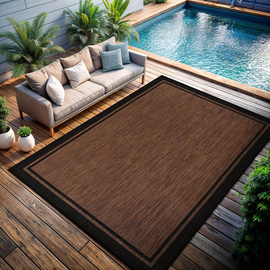 CAMILSON Indoor Outdoor Rug, 10x14 Bordered Nut Brown Black Modern Area Rugs for Indoor and Outdoor Patios, Kitchen and Hallway Mats, Washable Porch Deck Outside Carpet (Border Nut Brown Black 10 x14)