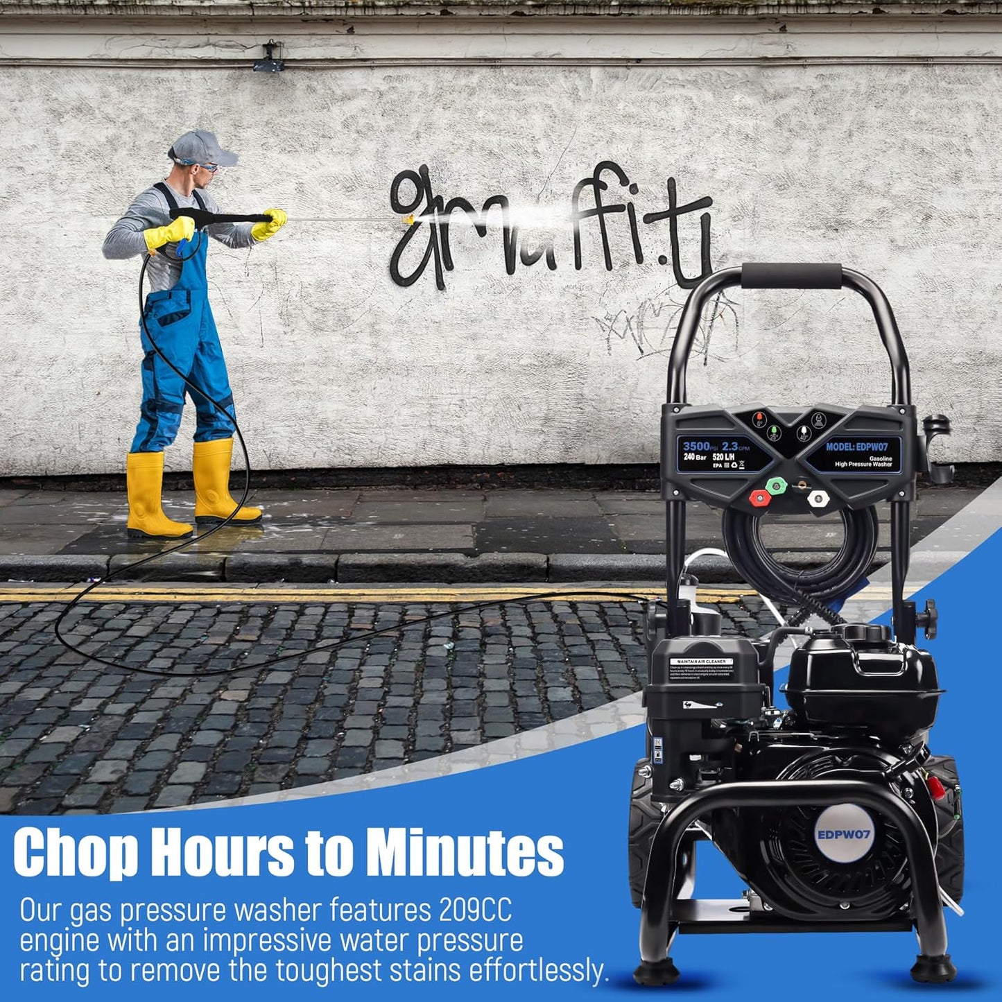 3500 PSI Gas Pressure Washer, 2.3 GPM – Heavy Duty High Power with 209CC 7HP Engine, 25Ft Pressure Hose, Axial Aluminum Pump, Soap Tank, 4 Quick Connect Nozzles (Black)