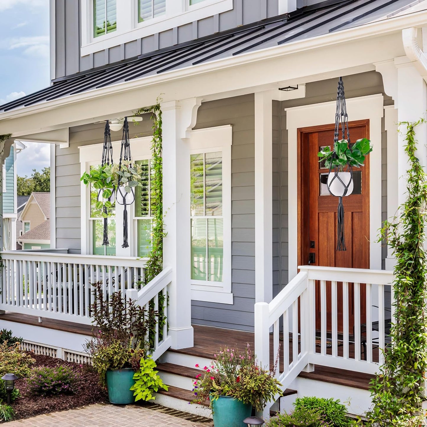 Sorbus Macrame Plant Hanger (4 Pack) Indoor Outdoor Hanging Plant Pots Cotton Rope, Elegant for Home, Patio, Garden (Black)