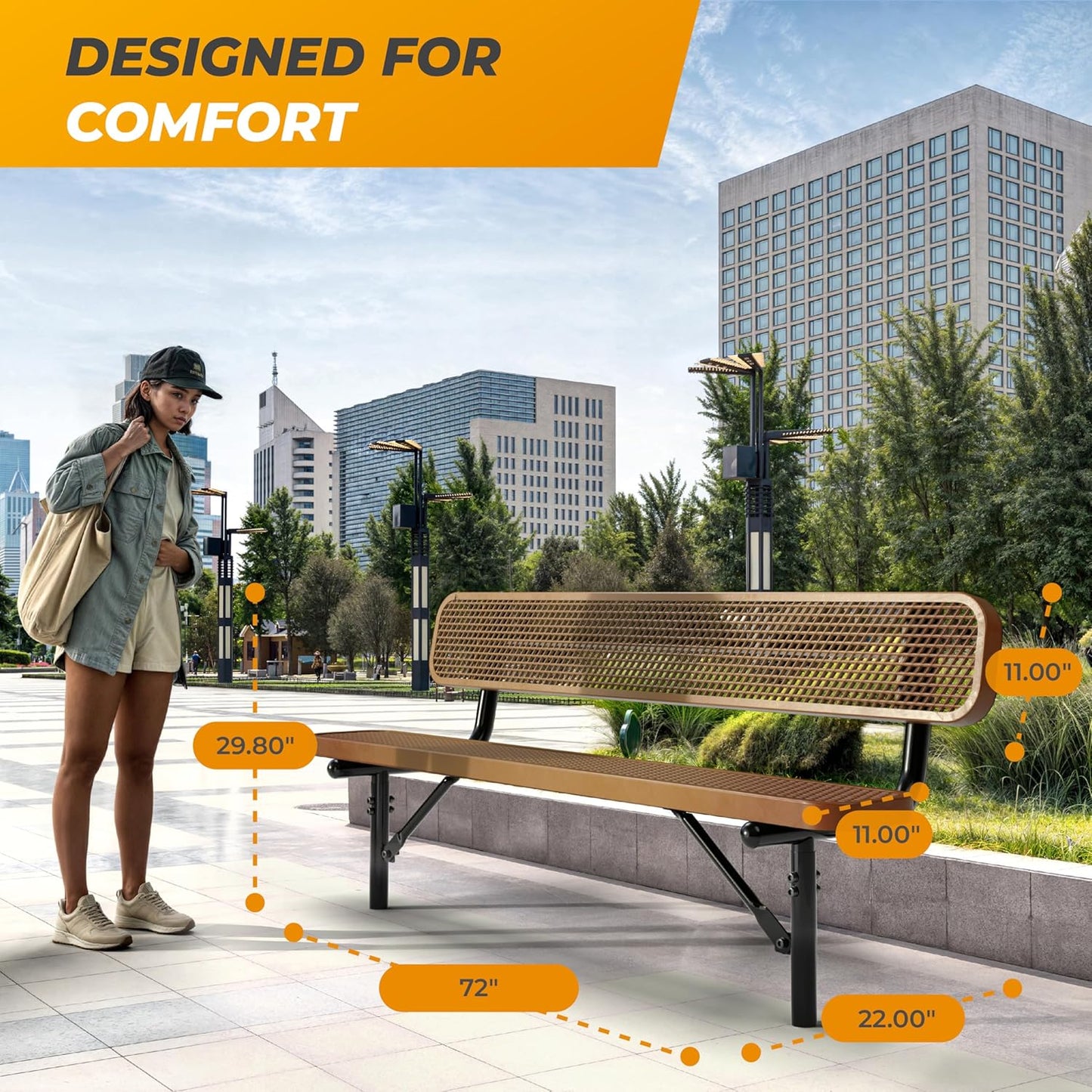 Heavy-Duty Outdoor Metal Bench, Thermoplastic-Coated, Inground, Weatherproof, Commercial-Grade for Parks, Gardens, Patios, Stores & More (6 Ft - Inground with Back, Brown)