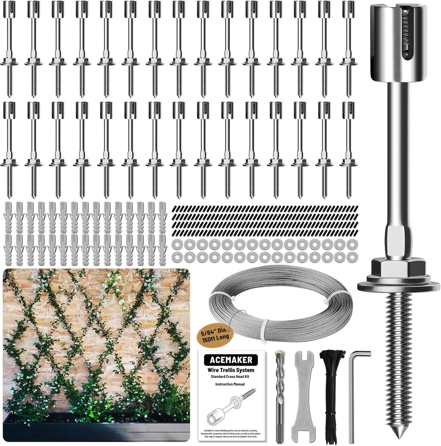 Wire Trellis for Climbing Plants Outdoor, 30-Set Wall Wire Trellis Kit with 5/64"(2mm) x 150ft Stainless Steel Cable, T316 Espalier System for Fence and Garden DIY Projects