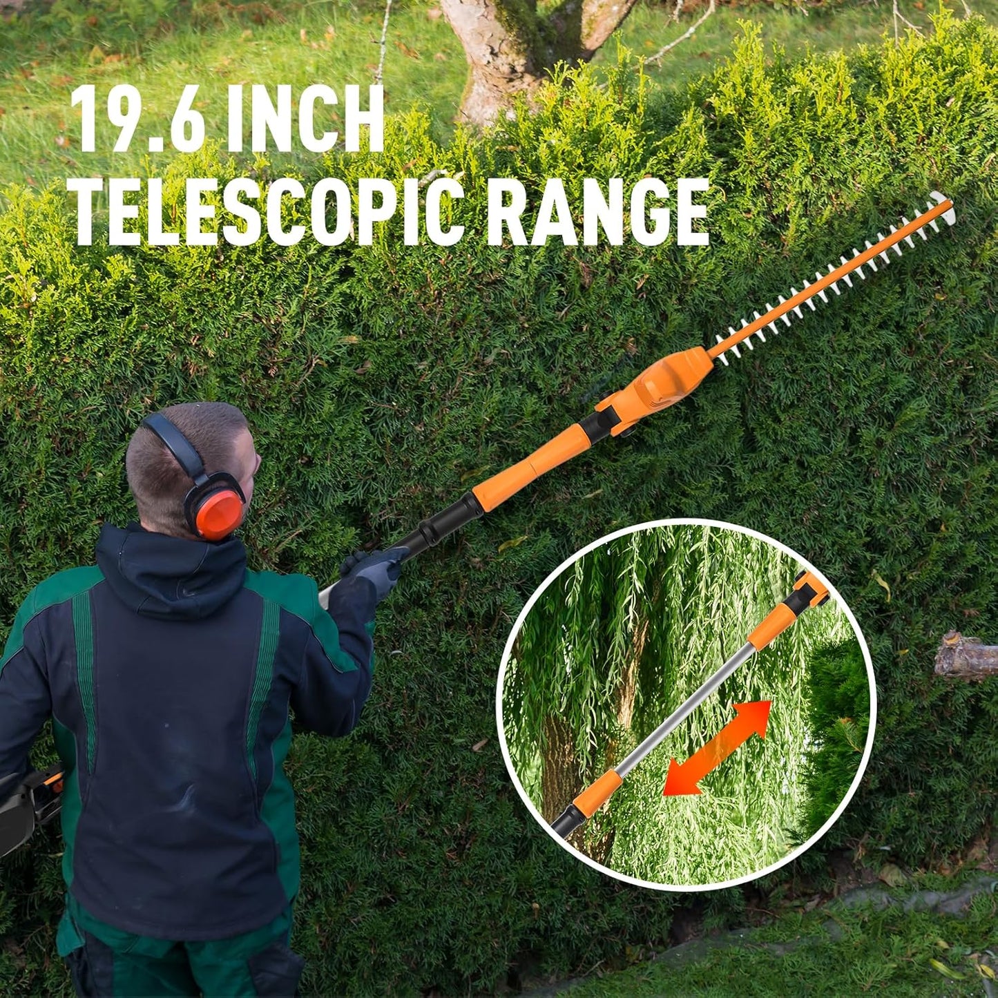 40V Pole Hedge Trimmer Cordless, 500mm Telescopic Range Pole Hedge Trimmer, 9 Rotary Positions Hedge Trimmer with Extension Pole, with 2Ah Battery and Charger Included