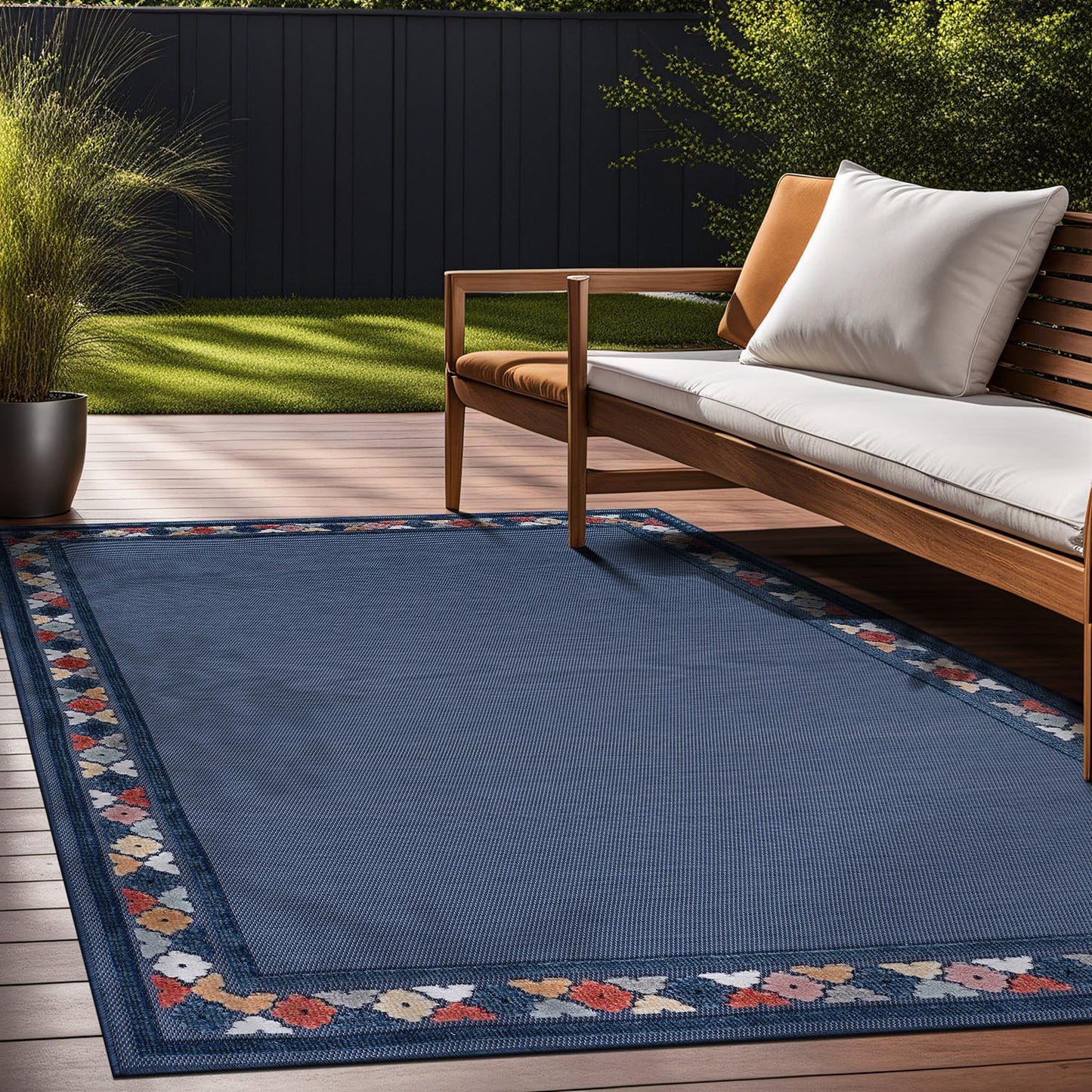 Beverly Rug Outdoor Rug 8x10 Modern Bordered Area Rugs for Indoor and Outdoor Patio Easy to Clean Non Shedding Living Room Porch Garden Washable Outside Carpet (8 x 10 Blue)