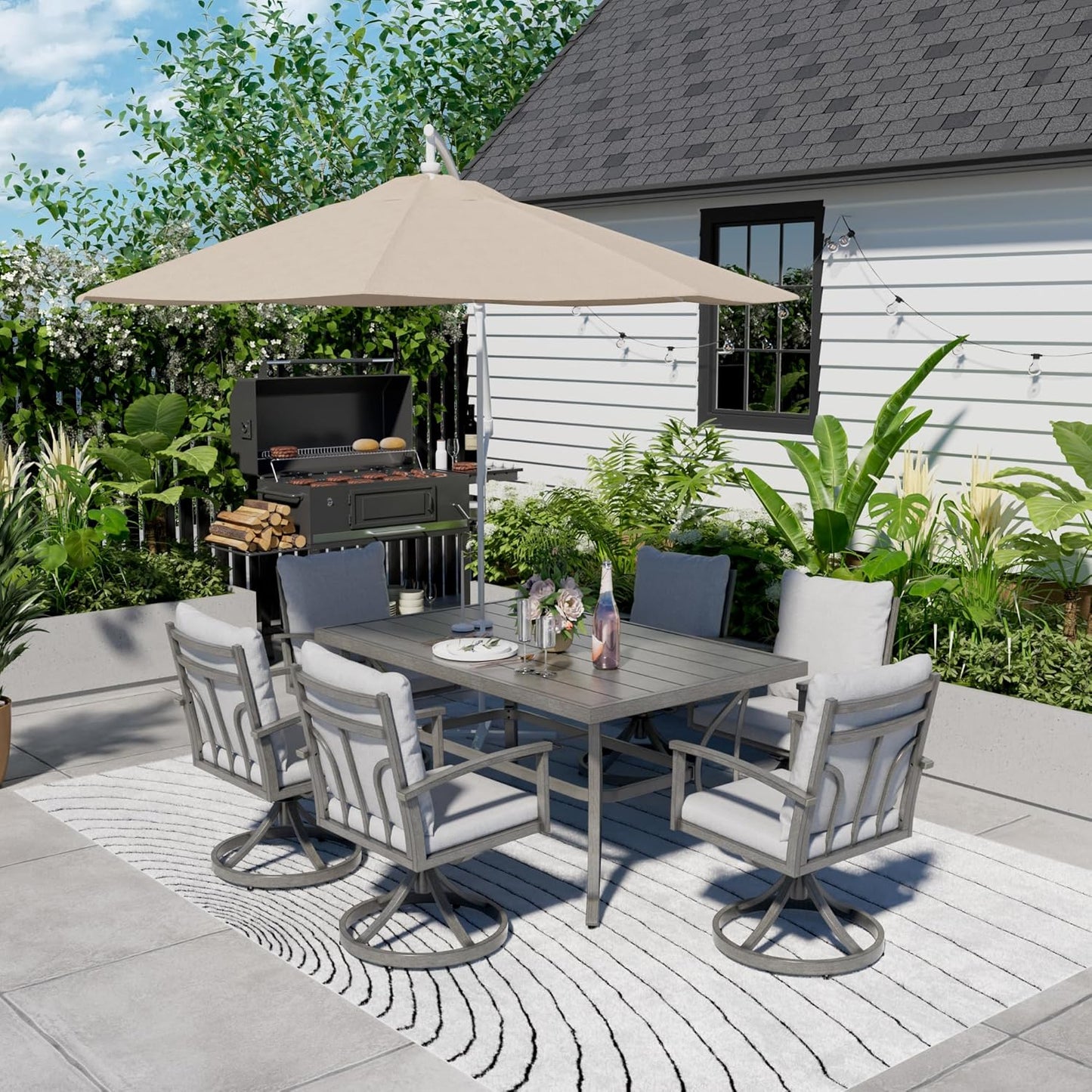 HAPPATIO Patio Dining Table for 6, Large Rectangle 60"×36.2", Patio Aluminum Slat Dining Table with 2.2" Umbrella Hole, All Weather Outdoor Table for Lawn, Garden and Poolside