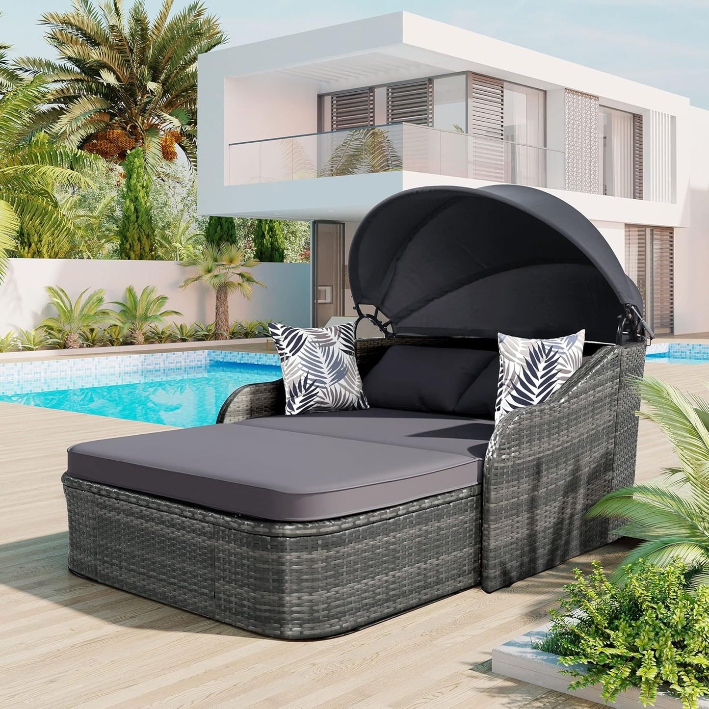 kevinplus Outdoor Patio Sunbed Daybed Double Lounge with Adjustable Canopy for Garden Backyard Pool, PE Rattan Wicker Material & Moveable Cushion Cover, Gray