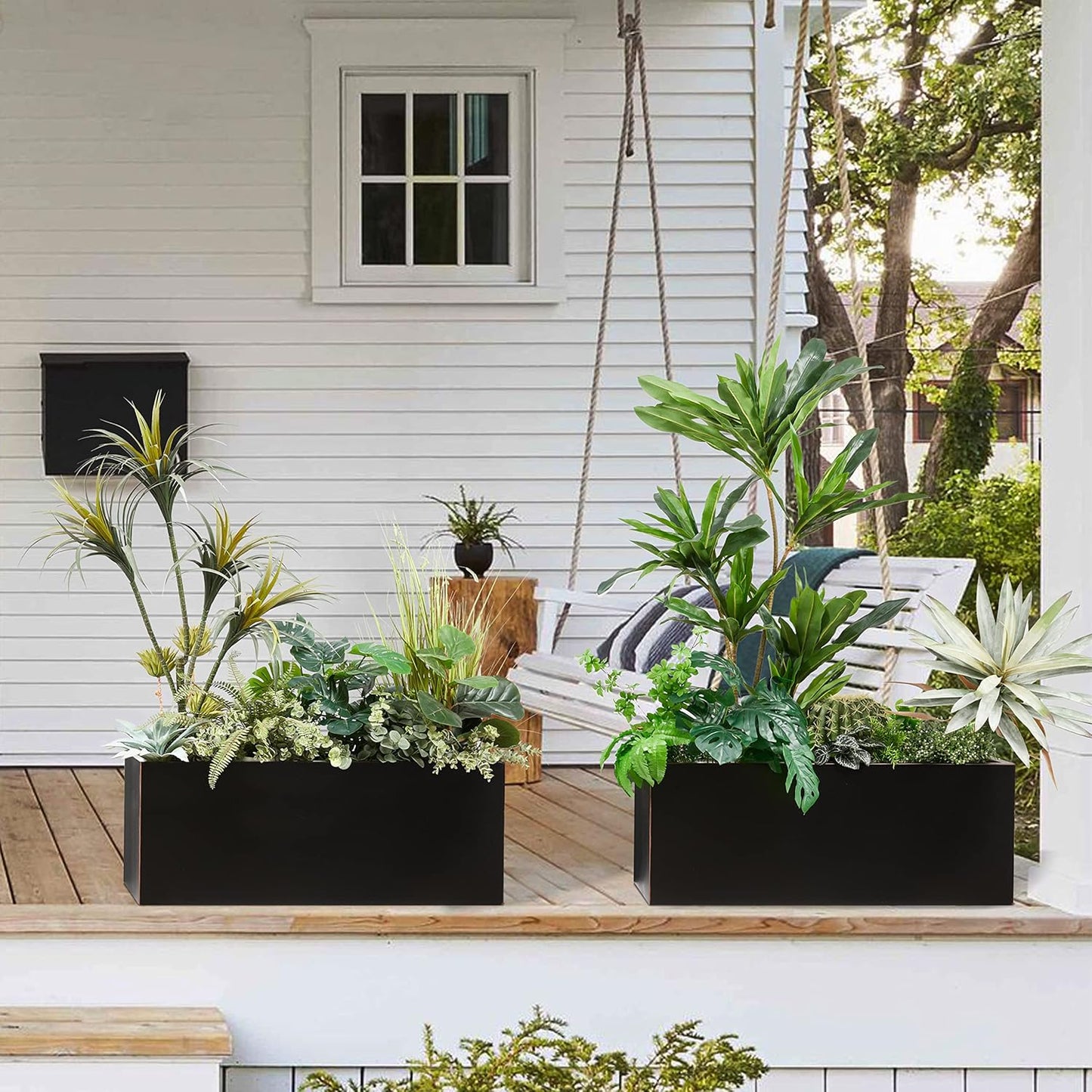 Metallic Heavy Long and Large Outdoor/Indoor Planter, Rectangular Trough Planter Box, 38”Lx15”Wx15”H, 40Pounds, Black with Hand Brushed Gold Edge, No Assemble and Seamless