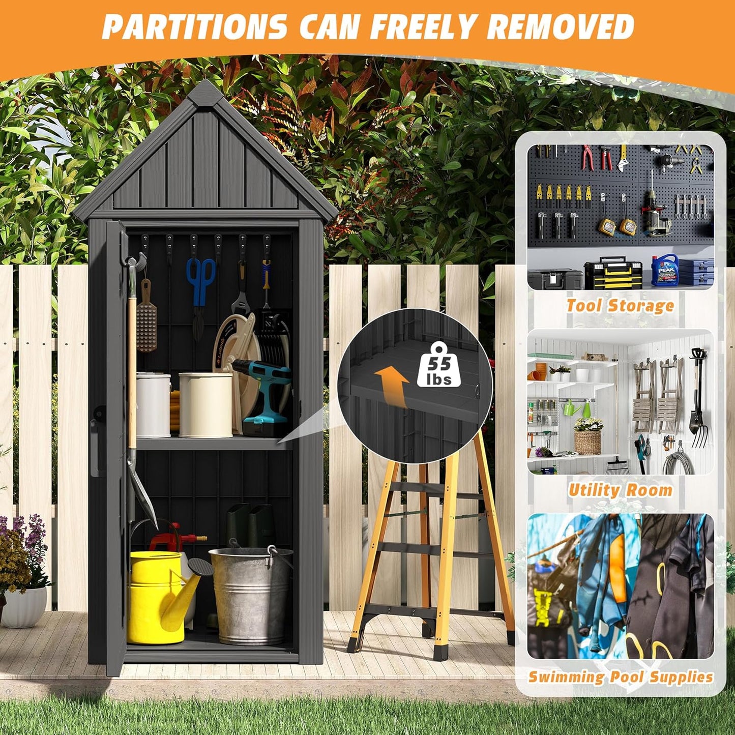 Shed Outdoor Storage Shed with Sloping Roof and Lockable Door, Resin Outdoor Storage Box Cabinet Waterproof and Multiple Hooks for Backyard, Patio, Poolside, Black