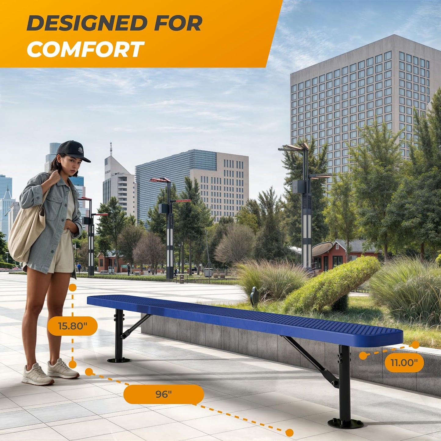 Heavy-Duty Outdoor Metal Bench, Thermoplastic-Coated, Surface, Weatherproof, Commercial-Grade for Parks, Gardens, Patios, Stores & More (8 Ft - Surface, Blue)