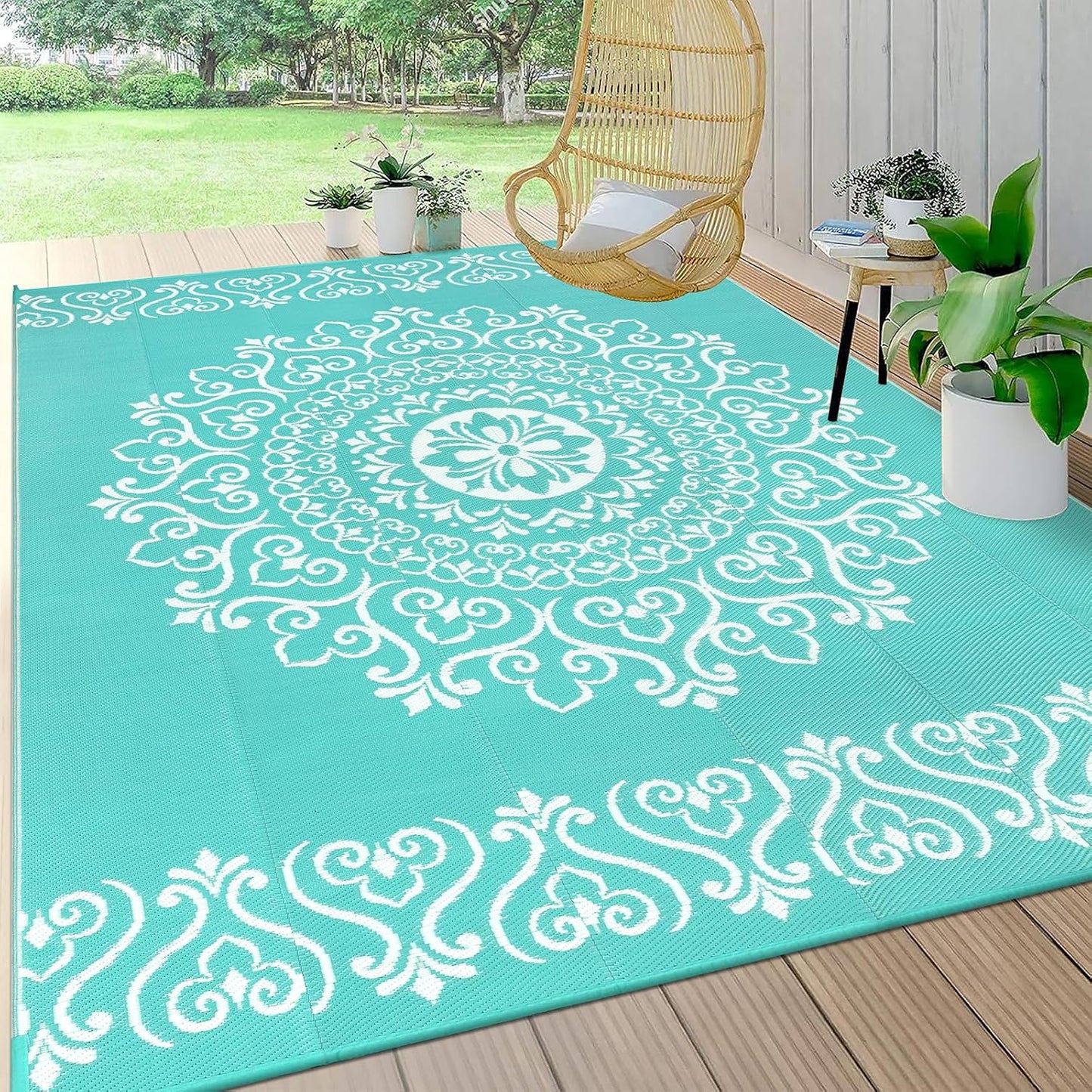 Pauwer Waterproof Outdoor Rug 8x10, Reversible Plastic Straw Patio Camping Rug, Indoor Outdoor RV Mat Carpet for Deck, Camper, Porch, Balcony, Backyard, Picnic, Floral Light Blue