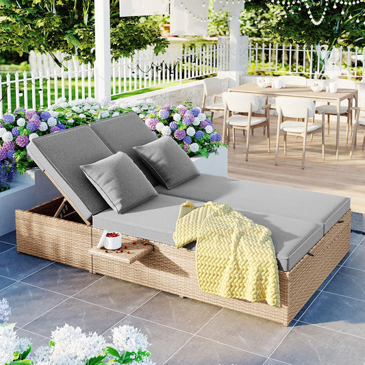 kevinplus Outdoor Daybed Patio Sunbed, Wicker Rattan Patio Reclining Chairs with Adjustable Backrest and Seat & Foldable Cupholder for Garden Poolside Balcony, Brown