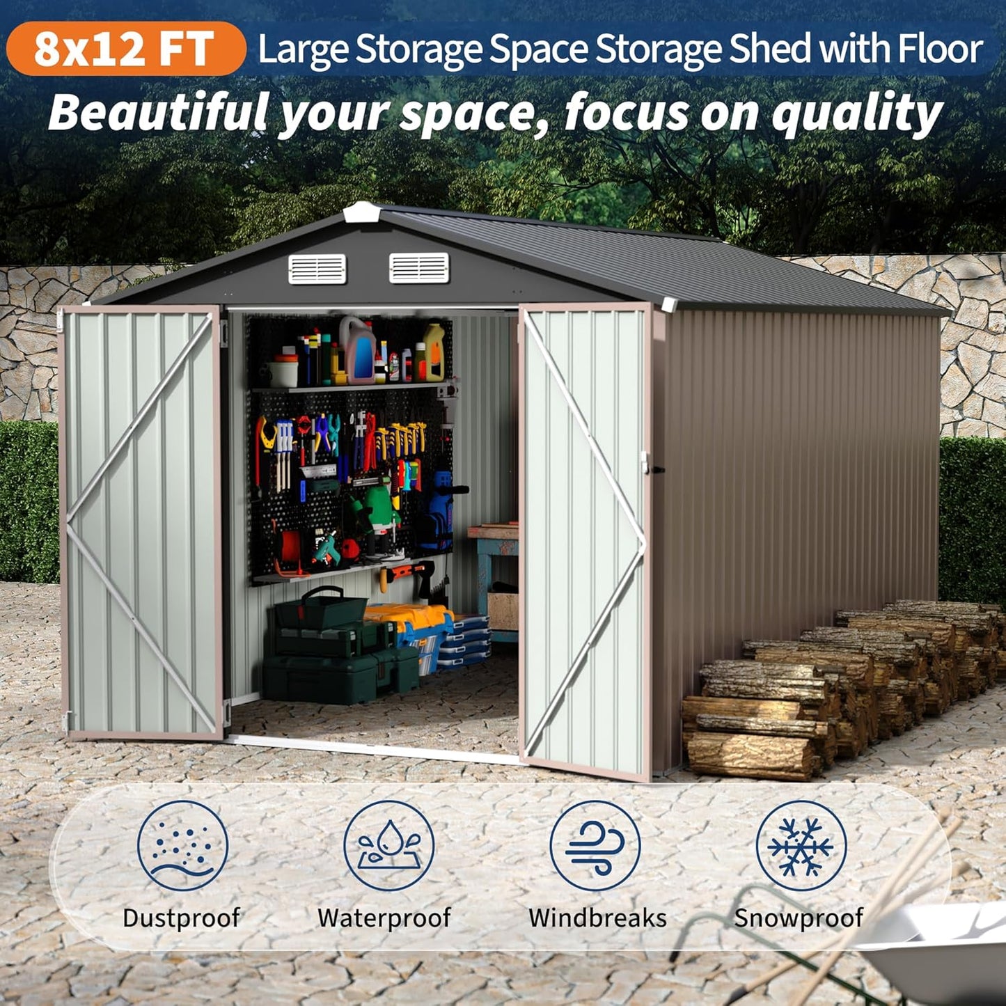 8x12 FT Metal Storage Sheds Outdoor, Metal Yard Sheds Garden Shed Kit, Metals Tool Shed with Lockable Door, Metals UtilityShed Buildings with Air Vent for Backyard Garden Patio Lawn