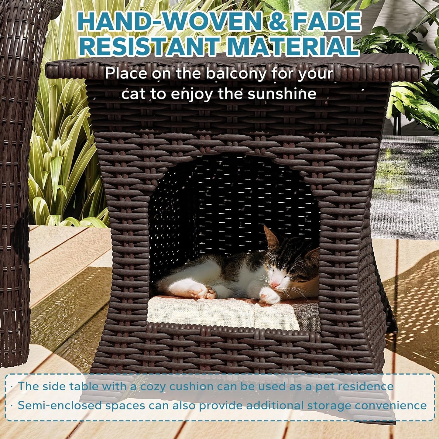 Patio PE Rattan Chairs Set of 2 with Cat Nest End Table, All-Weather & Steel Frame Outdoor Conversation Furniture Set with Washable Cushions for Garden, Bistro, Deck, Yard (Beige)