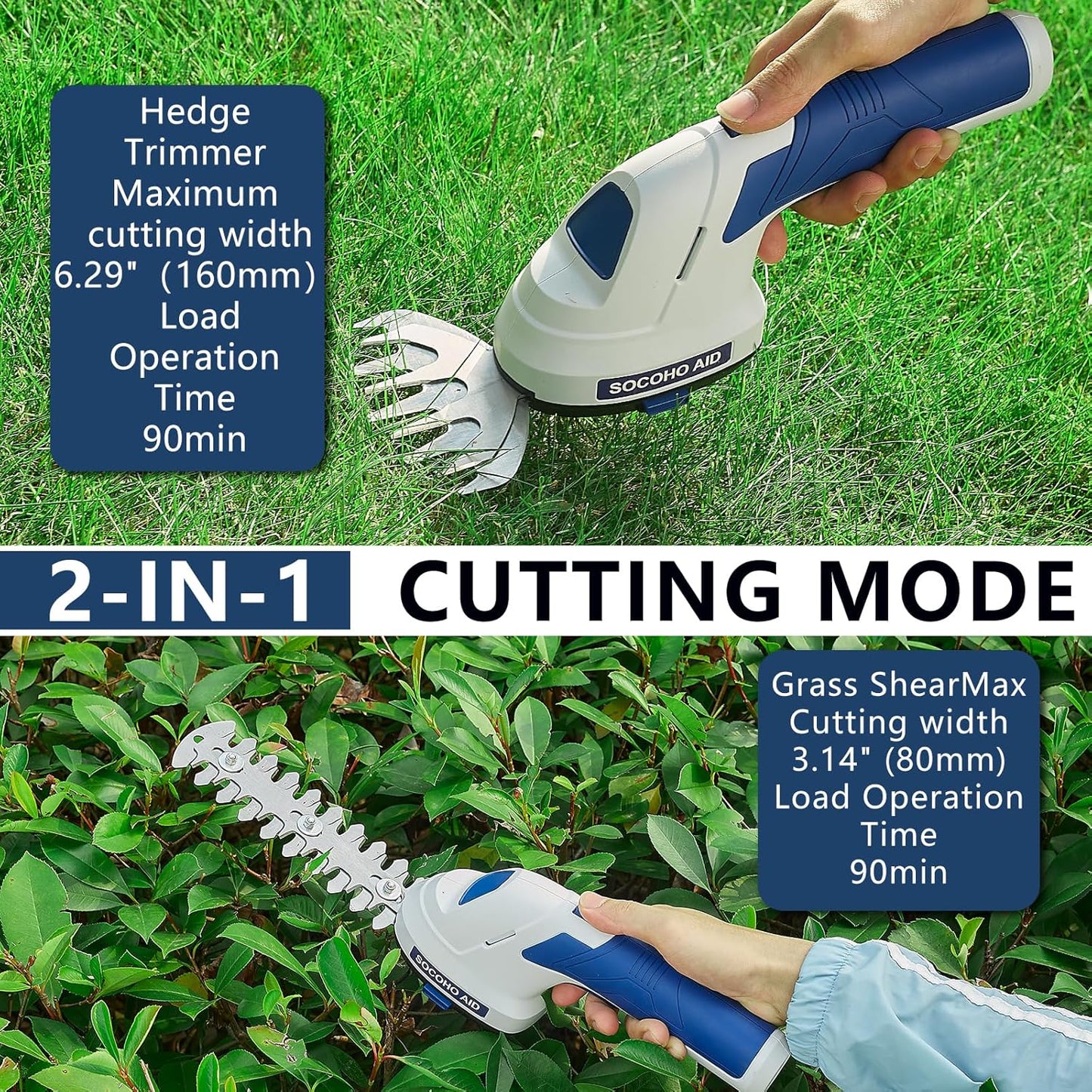 Cordless Hedge Trimmer Grass Shear - 2 in 1 Handheld 7.2V Electric Shrubbery Trimmer Grass Cutter Rechargeable Battery and Type-C