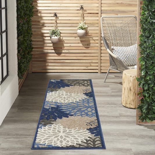 Nourison Aloha Indoor/Outdoor Blue/Multicolor 2'3" x 10' Area Rug, Tropical, Botanical, Easy Cleaning, Non Shedding, Bed Room, Living Room, Dining Room, Deck, Backyard, Patio (2x10)