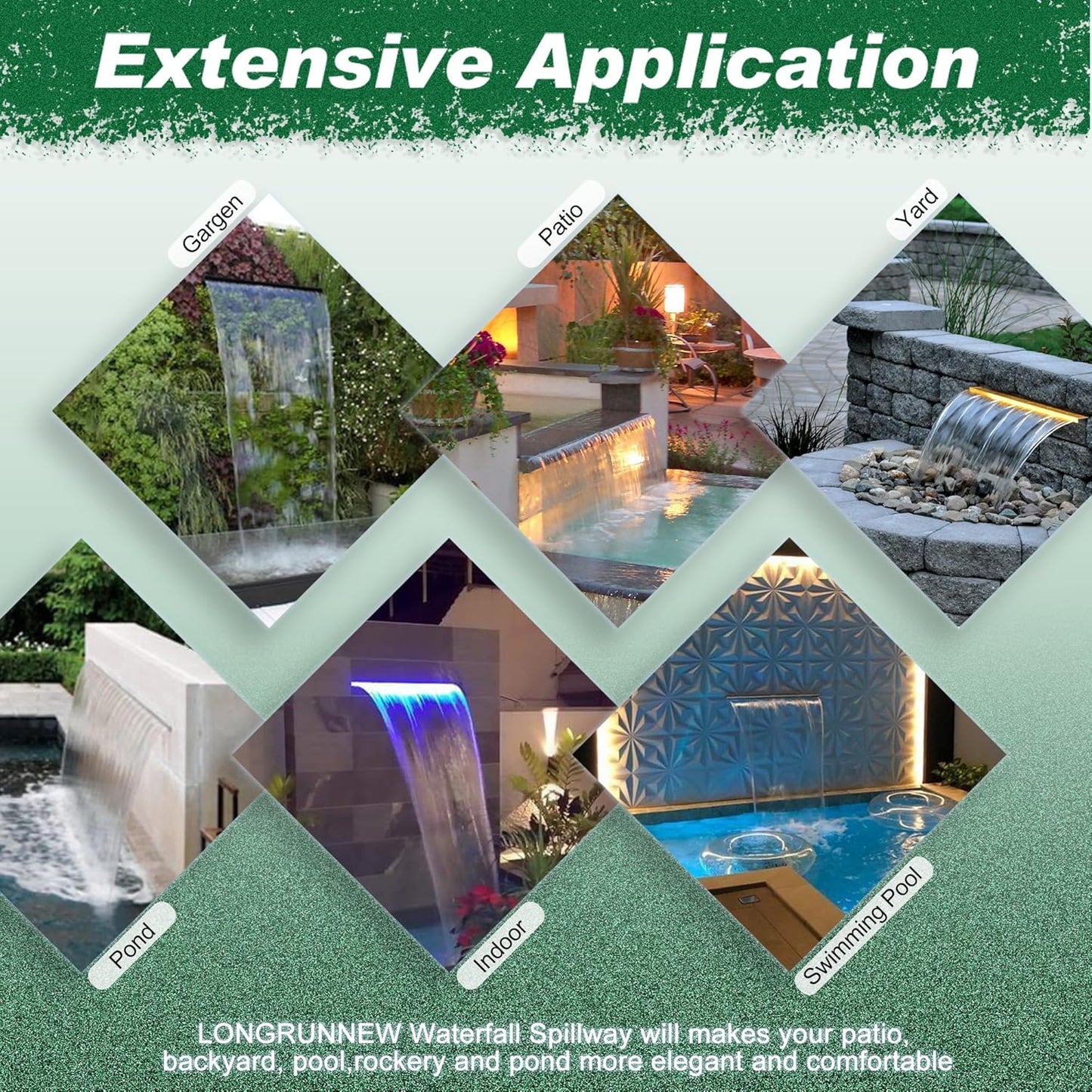 Pool Fountain, LONGRUNNEW Transparent Acrylic Pool Waterfall Spillway with Pipe Connector Kits for Indoor/Outdoor Decorative, 23.6 Inches Pool Water Feature for Garden Patio, Backyard Koi Pond Decor