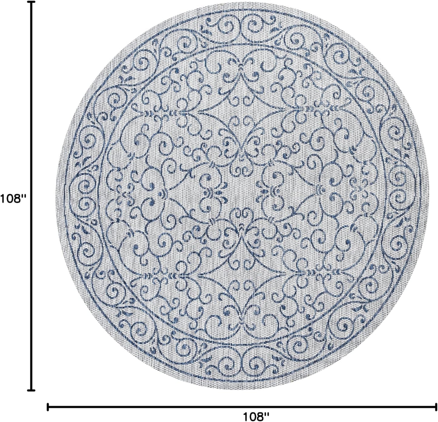 JONATHAN Y SMB106C-9R Charleston Vintage Filigree Textured Weave Gray/Navy 9' Round Indoor/Outdoor Area Rug, Pet Friendly, Non-Shedding, Stain Resistant, Easy-Cleaning for Backyard, Patio, Porch