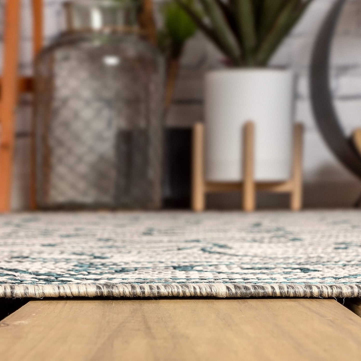 JONATHAN Y SMB106E-9SQ Charleston Vintage Filigree Textured Weave Gray/Teal 9' Square Indoor/Outdoor Area Rug, Pet Friendly, Non-Shedding, Stain Resistant, Easy-Cleaning for Backyard, Patio, Porch