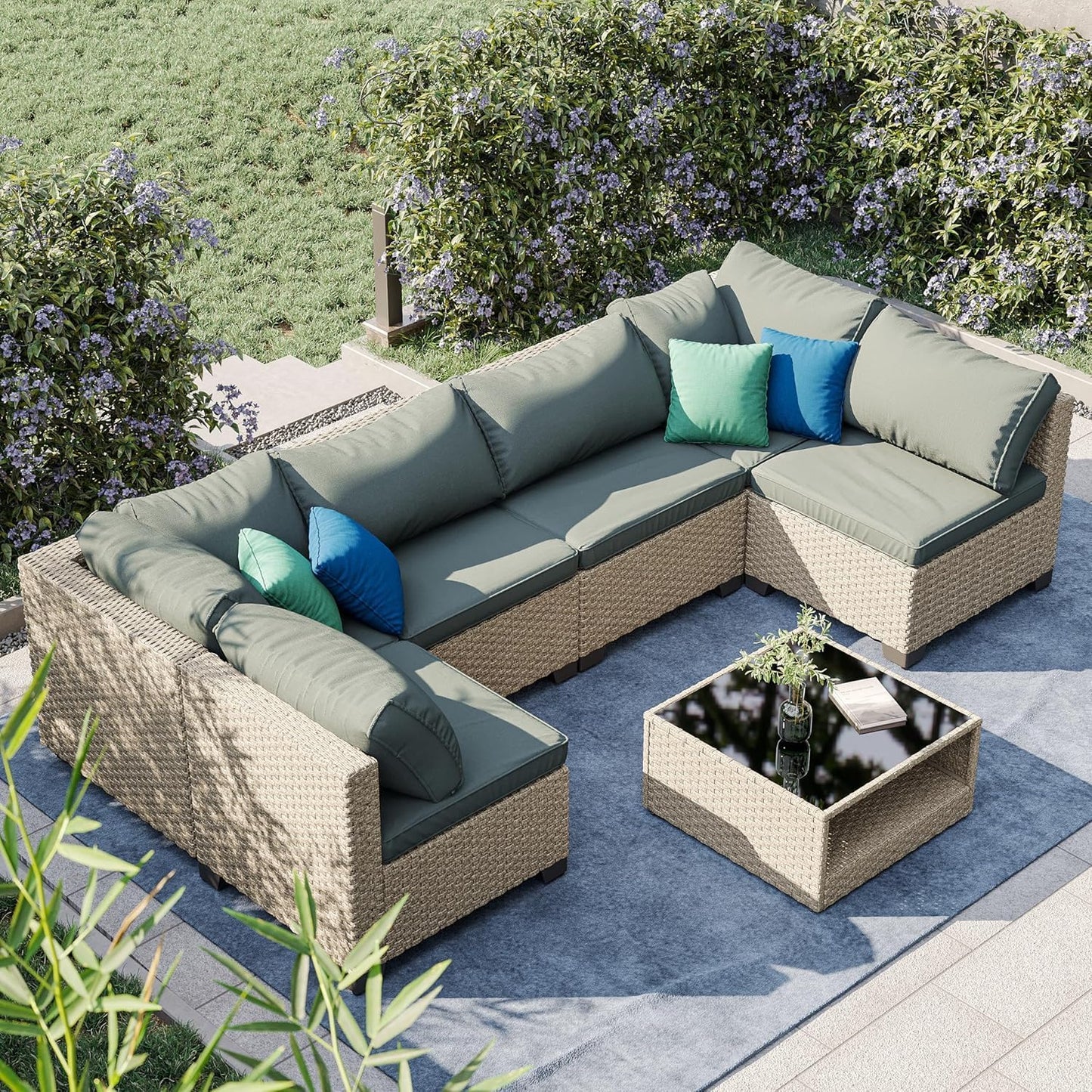 Patio Furniture Set 7-Piece, All-Weather Outdoor Conversation Set Sectional Sofa with Water Resistant Grey Thick Cushions and Coffee Table（Grey）