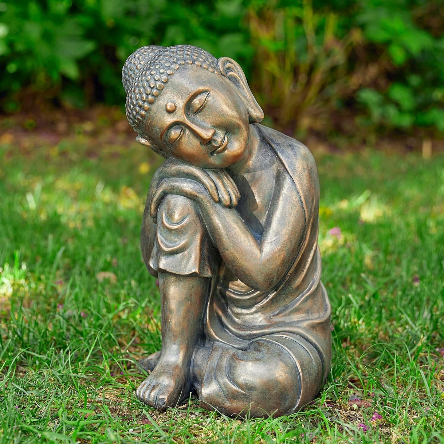 Glitzhome MGO Faux Bronze Resting Buddha Garden Statue Indoor and Outdoor Sculpture Decoration, 18" H