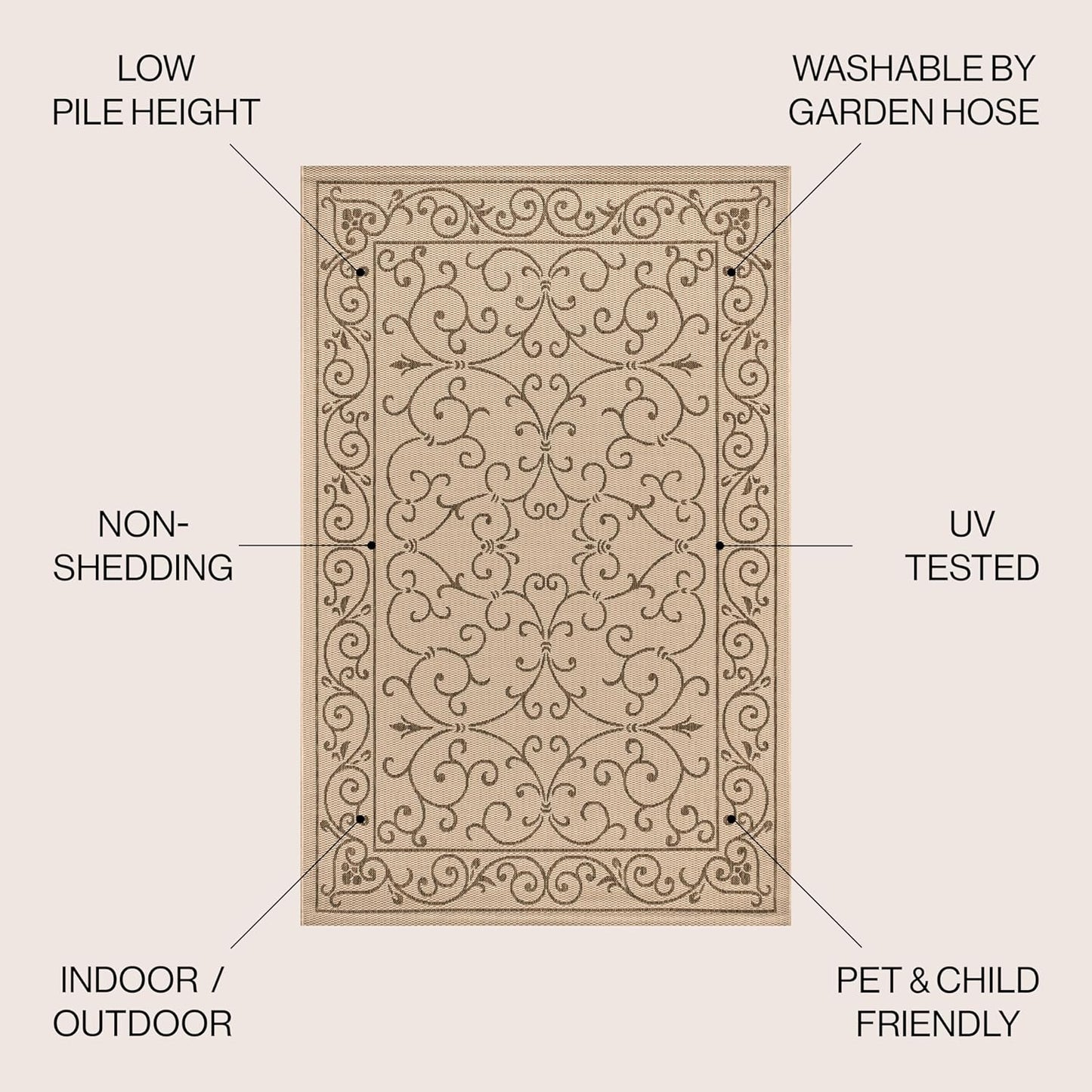 JONATHAN Y SMB106A-9 Charleston Vintage Filigree Textured Weave Indoor Outdoor Area Rug Classic Coastal Easy Cleaning Bedroom Kitchen Backyard Patio Non Shedding, 9 X 12, Beige/Brown
