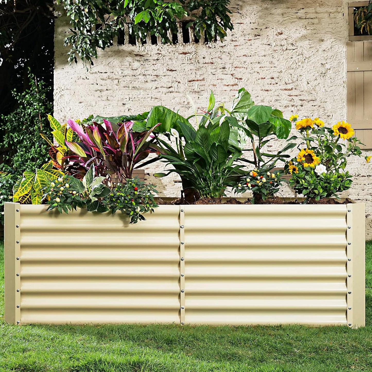 Land Guard 8×4×2ft Galvanized Raised Garden Bed, Planter Boxes Outdoor, Raised Garden Beds Outdoor for Vegetables, Flowers, Herbs, 479 Gallons, Cream Yellow…