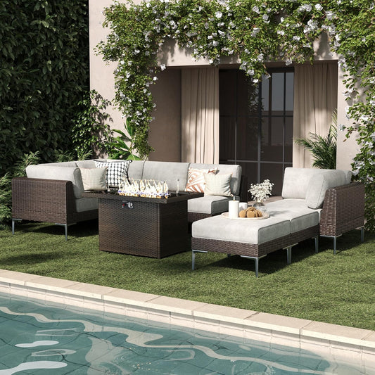 LayinSun 8-Piece Outdoor Modular Wicker Sectional Sofa with Fire Pit Table, Patio Furniture Conversation Set with Deep Seating and Thick Cushions
