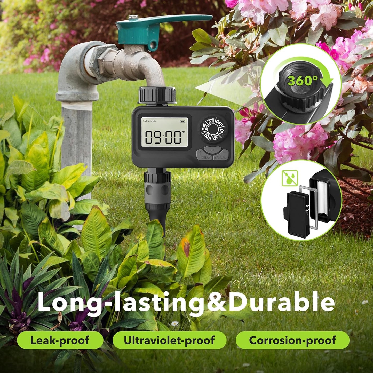 BN LINK Programmable Sprinkler Timer with Rain Delay – Waterproof Digital Water Timer for Garden Hoses, Manual & Automatic Irrigation System, 1 Outlet