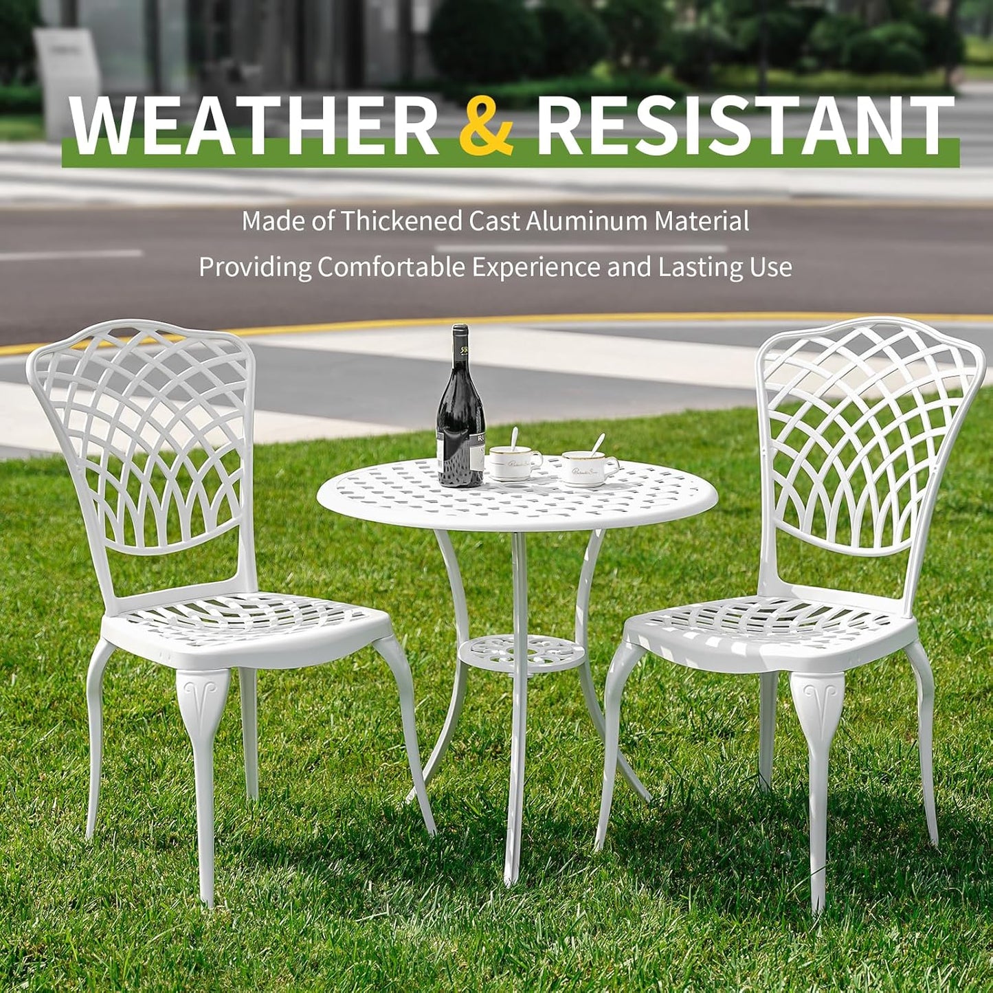 Cast Aluminum Bistro Set 3 Piece Outdoor, Patio Bistro Set White, Patio Conversation Table with 2 Piece Chairs, Bistro Table and Chairs Set of 2 for Garden Porch Porch,1.97" Umbrella Hole,