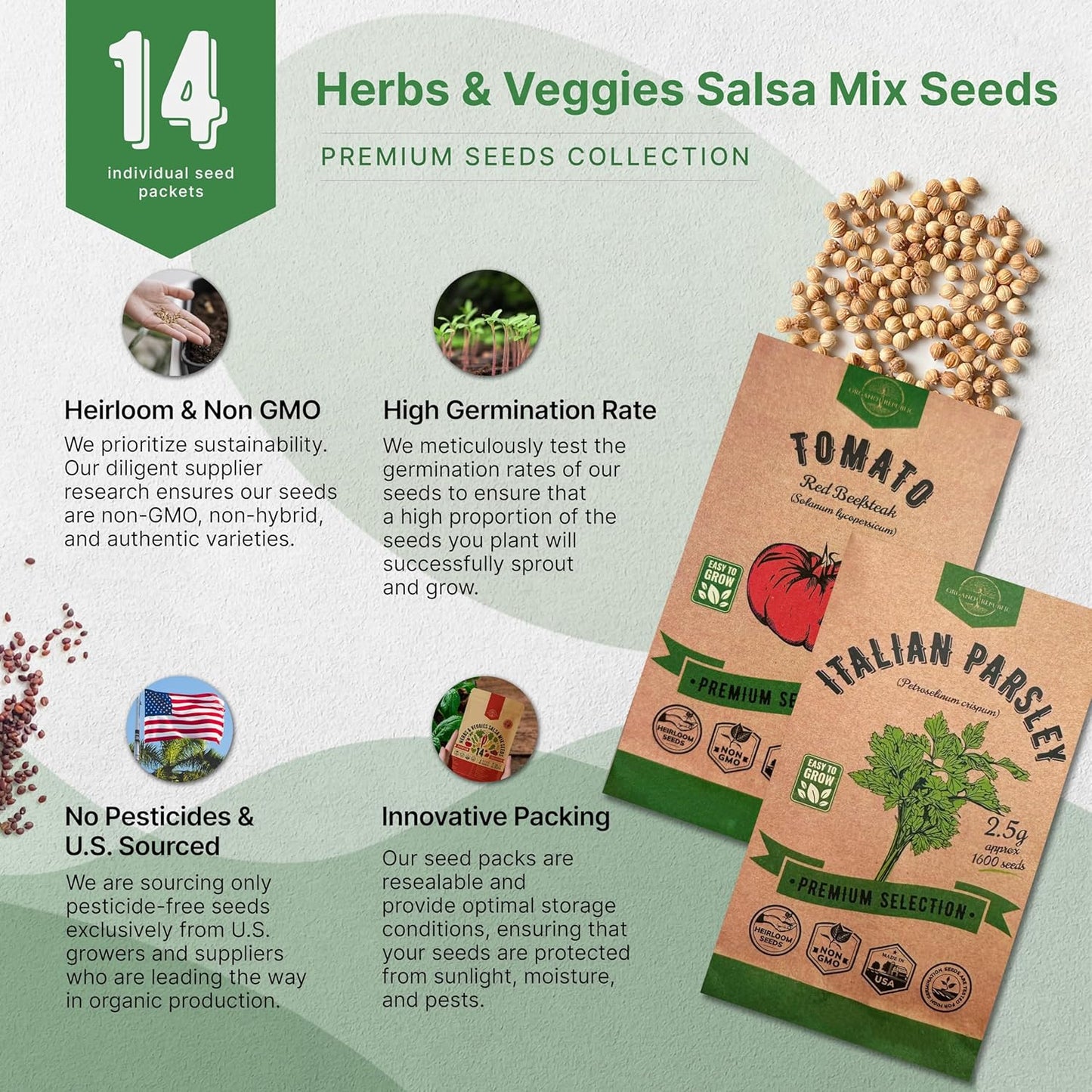 Organo Republic 14 Herbs & Veggies Salsa Mix Seeds Variety Pack - 5,180+ Non GMO Heirloom Herb, Tomato & Chili Pepper Seeds for Planting Outdoor & Indoor Home Gardening: Basil, Cilantro Onion, Peppers