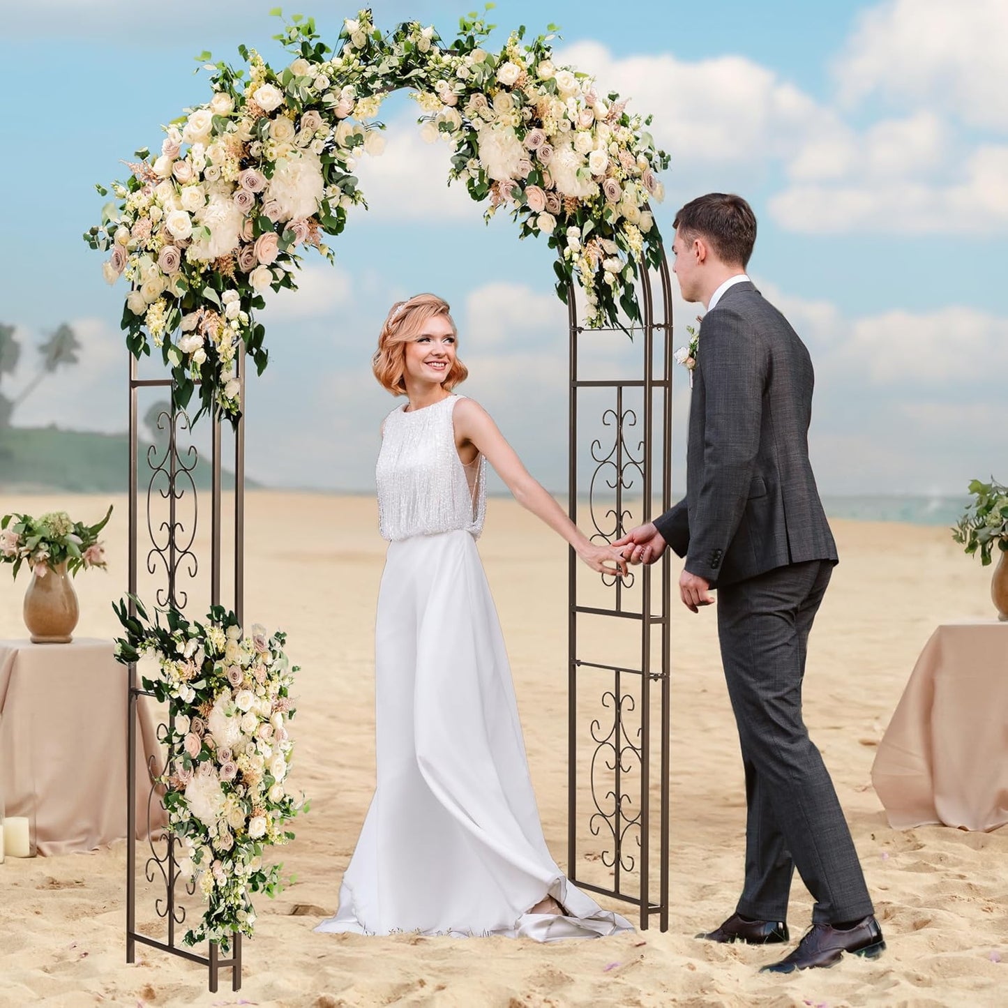 Evergreen Plow & Hearth Montebello-Gunmetal Garden Arbor - 7 Feet Tall | Slim Metal Arch with Iron Trellis for Climbing Plants | Elegant Wedding Arbor | Outdoor Patio & Garden Decor