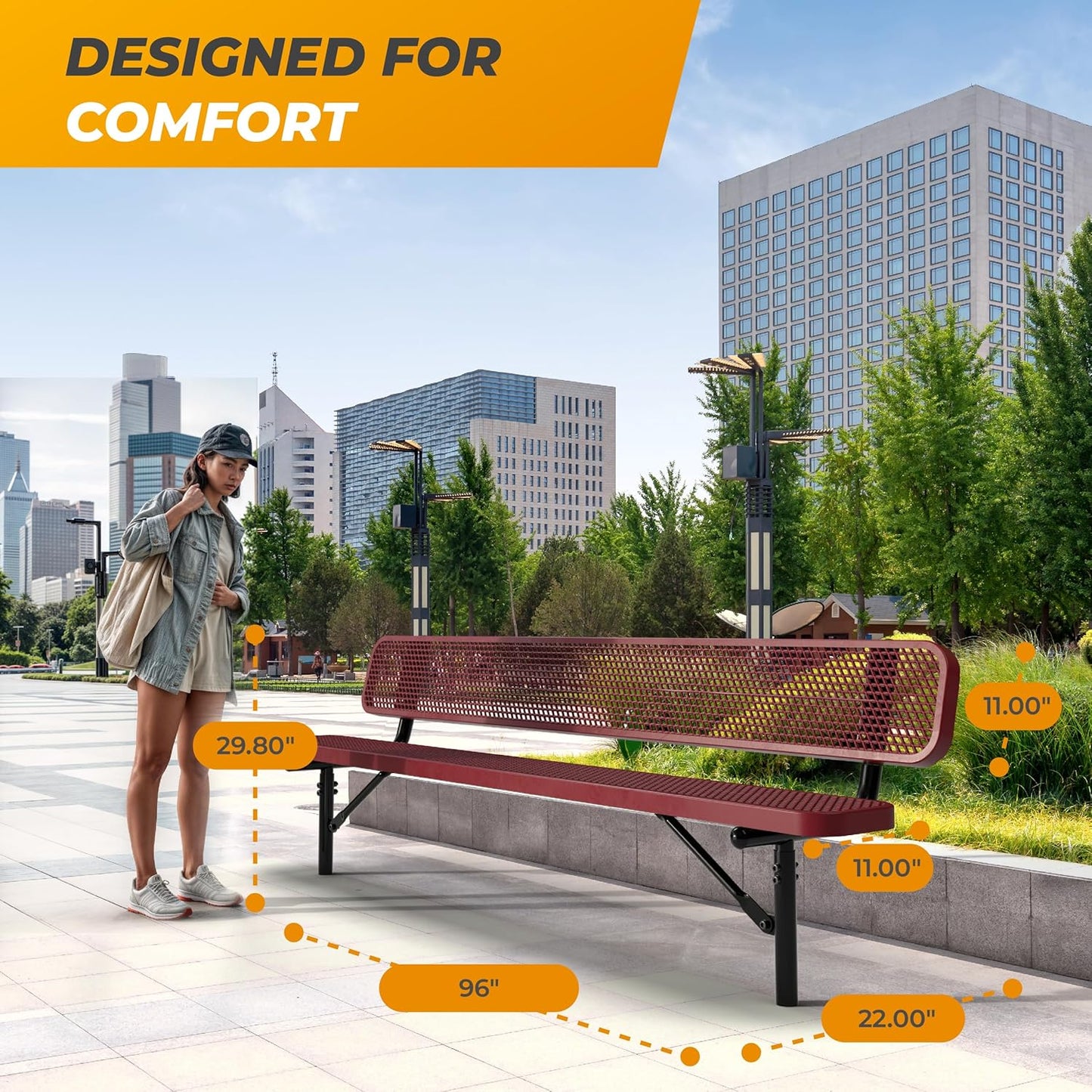 Heavy-Duty Outdoor Metal Bench, Thermoplastic-Coated, Inground, Weatherproof, Commercial-Grade for Parks, Gardens, Patios, Stores & More (8 Ft - Inground with Back, Red)