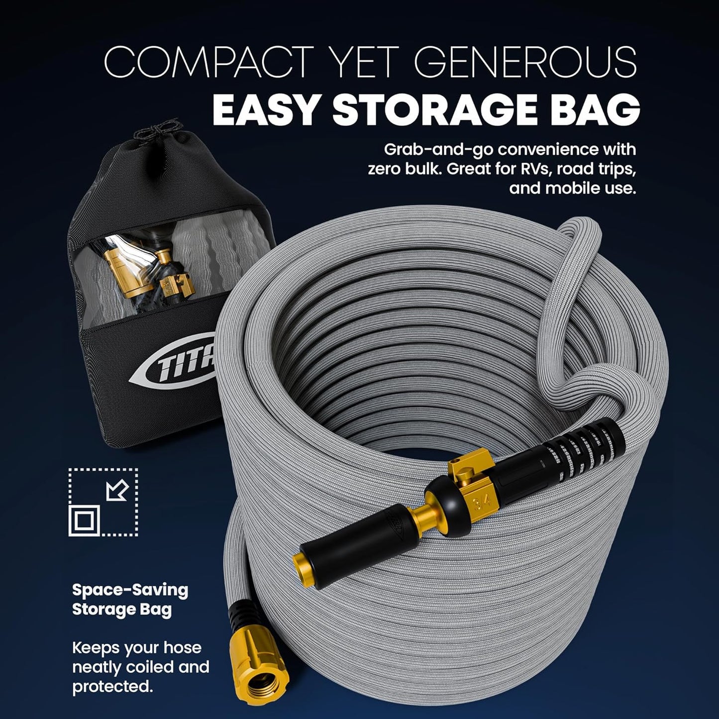 TITAN Flexible Garden Hose 65FT – Ultra Lightweight, Heavy Duty Water Hose with Brass Fittings & Jet Nozzle – Kink-Free, Non-Expanding, Durable Fabric Hose for Yard, Lawn, Car Wash, Outdoor Use