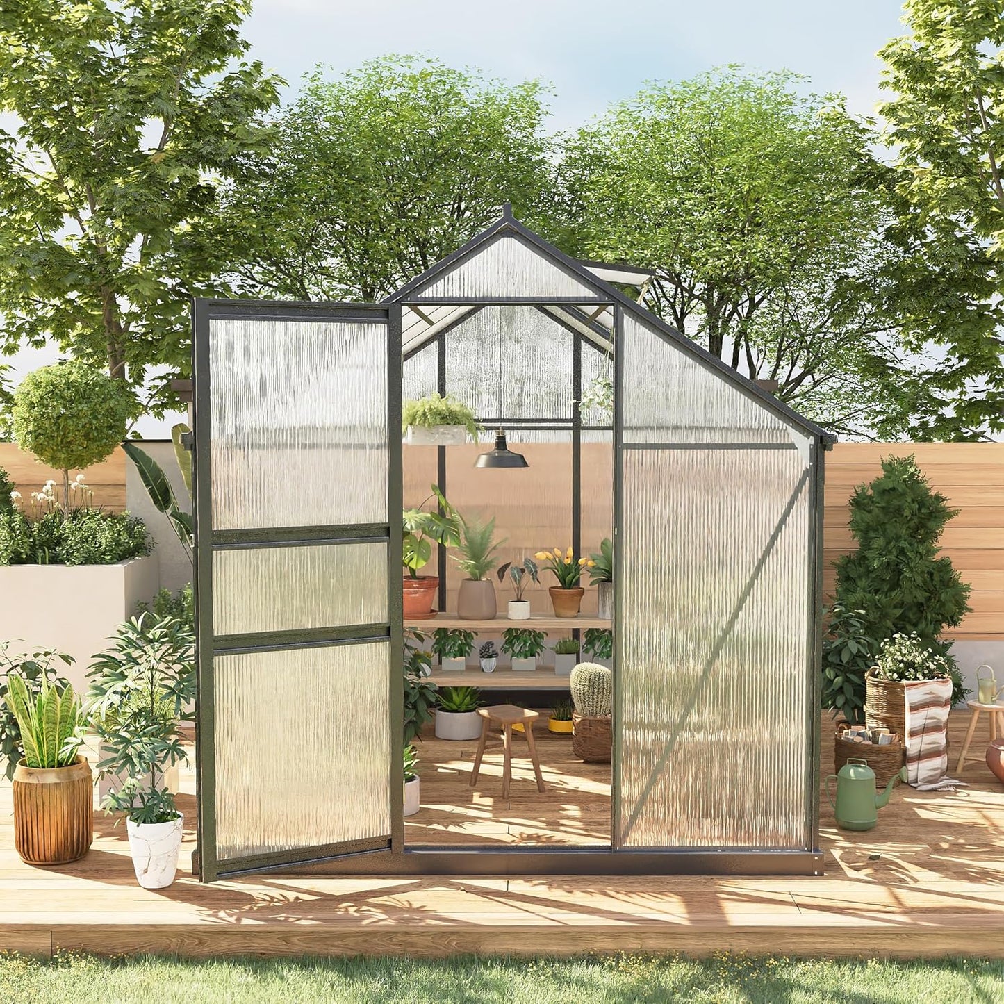 6*8 FT Outdoor Walk-in Greenhouse, Polycarbonate Green House, Heavy Duty Greenhouse with Vented Roof Window, Windproof Aluminum Frame, Suitable for Outside Gardening, Backyard, Patio