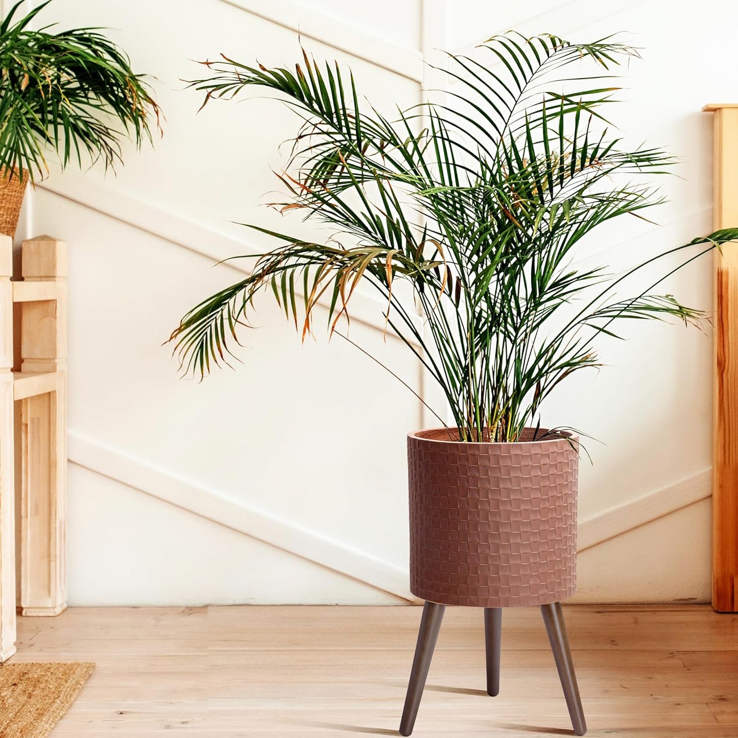 D'vine Dev 12 Inch Modern Geometric Tile Patterned Sleek Planter Pot with Stand, Indoor Outdoor Decorative Plant Holder, Terra Cotta, 88-Z-C-3