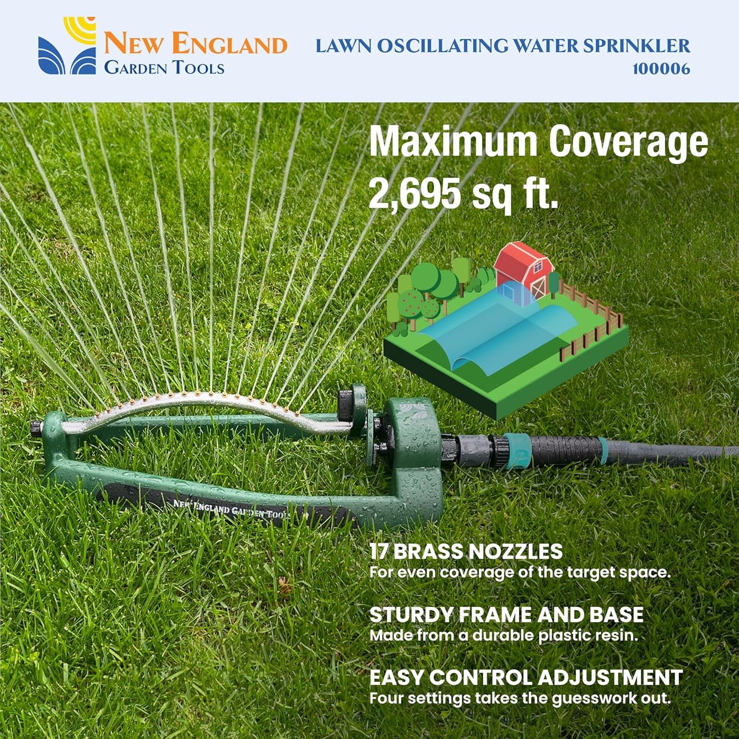 Lawn Oscillating Water Sprinkler 100006 Adjustable Pattern to Cover 2,695 sq.ft. by New England Garden Tools