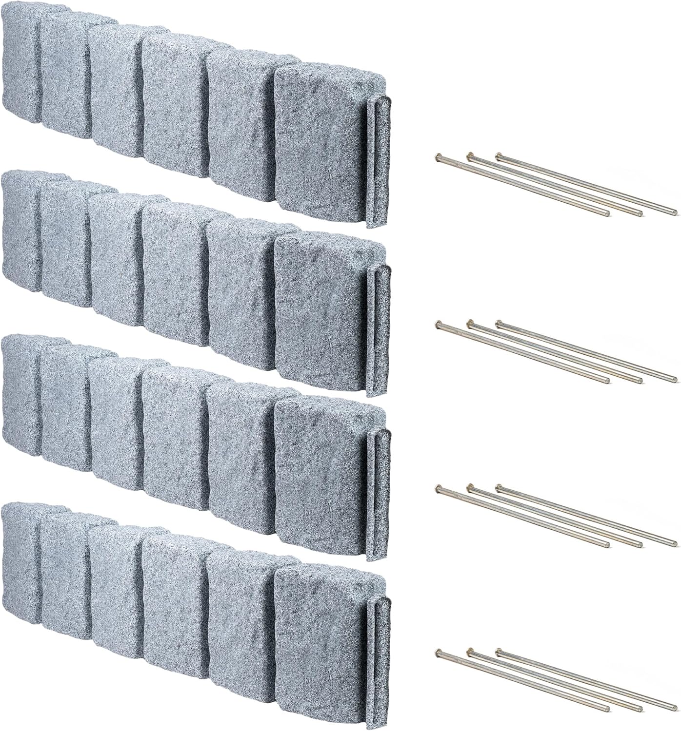 Beuta Landscape Edging | Garden Edging Border | Faux Stone Block XL for Lawn Edging, Flower Beds & Yard Edging – 4 Pack | Each Section Has 6 Blocks 48" L x 4" W x 9.5" H | 12 Spikes | Greystone