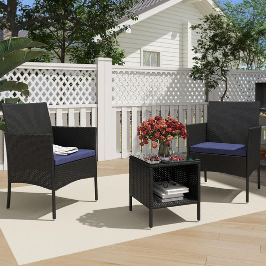 3 Piece Patio Furniture Set - Outdoor Conversation Sets with Coffee Table, Rattan Chair Set for Garden/Poolside, Coffee/Navy Blue